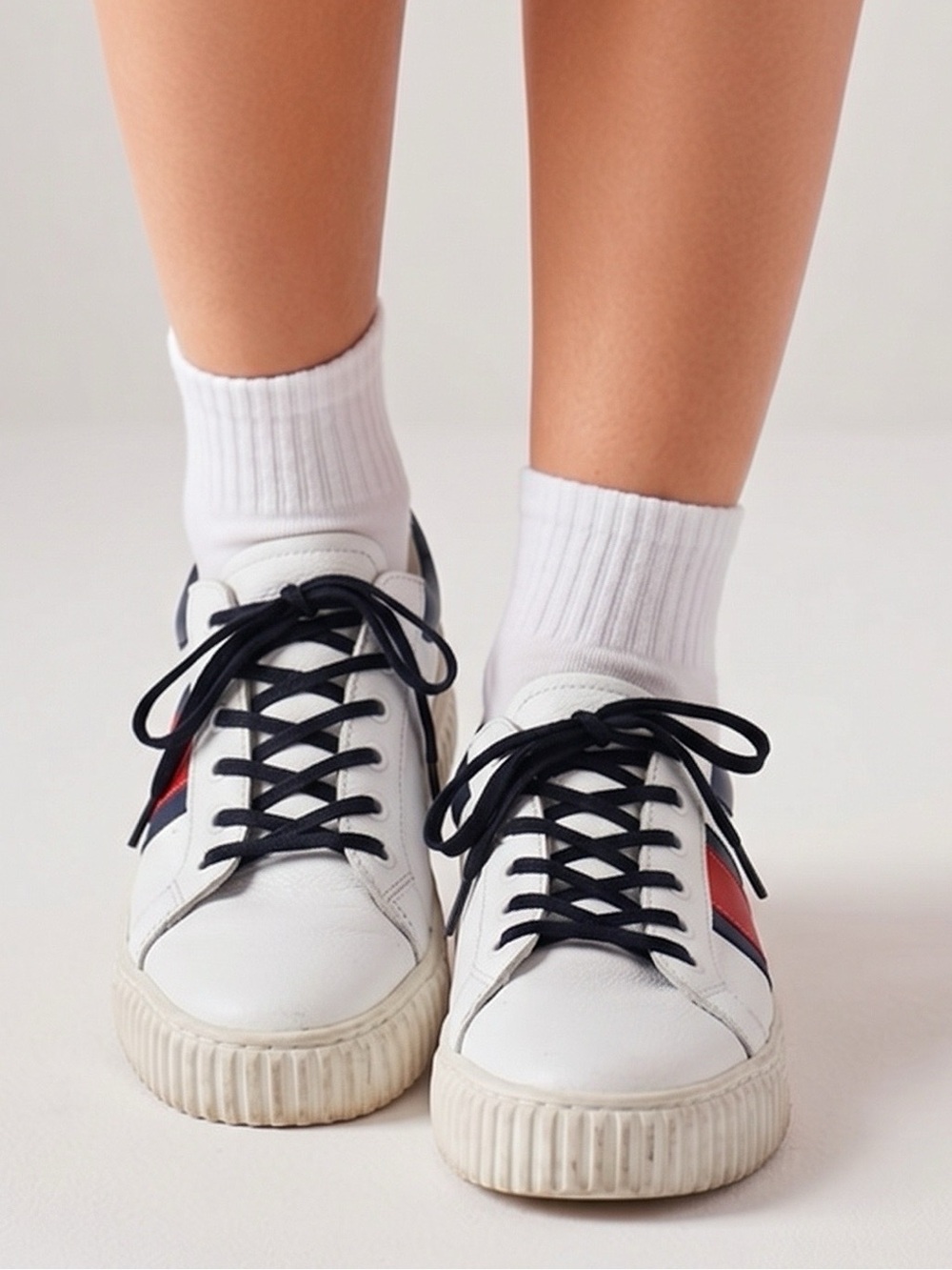 White Leather Women’s Sneakers with Navy Laces and Red Accent